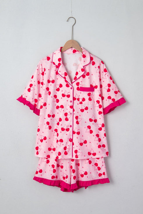 Scalloped Trim Cherry Bow Print Short Pajama Set