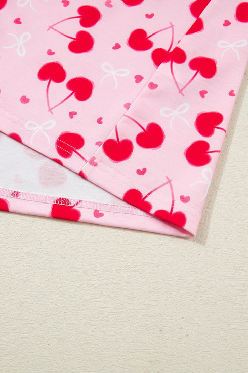 Scalloped Trim Cherry Bow Print Short Pajama Set