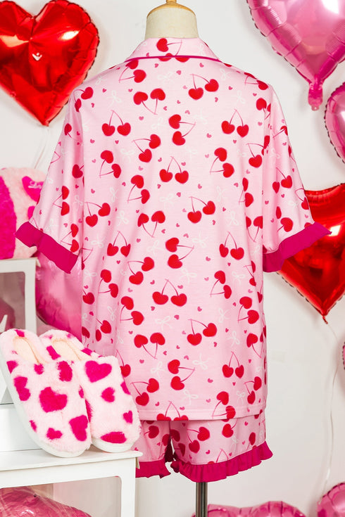 Scalloped Trim Cherry Bow Print Short Pajama Set