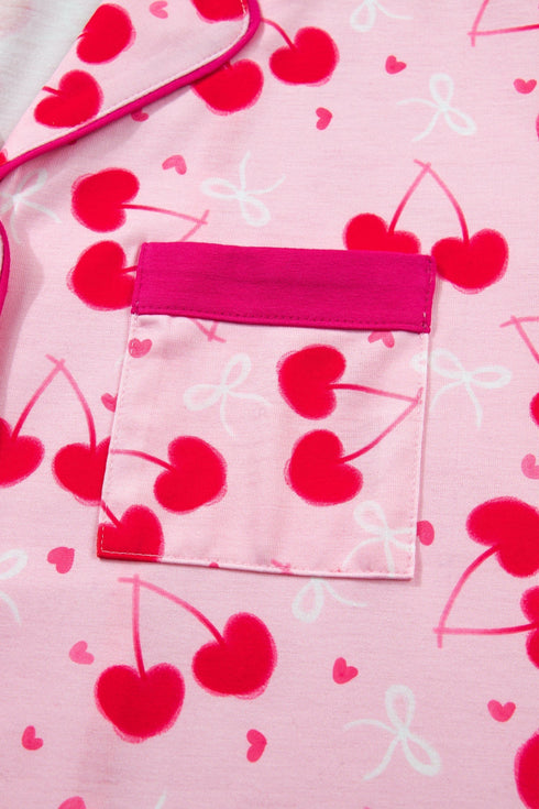 Scalloped Trim Cherry Bow Print Short Pajama Set