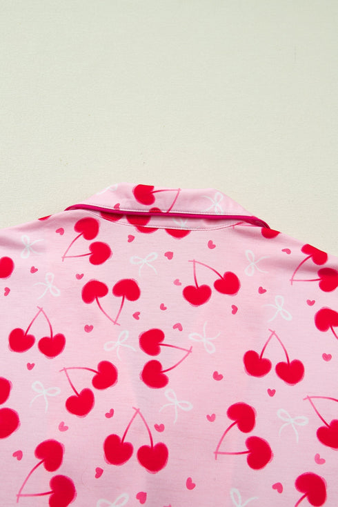 Scalloped Trim Cherry Bow Print Short Pajama Set