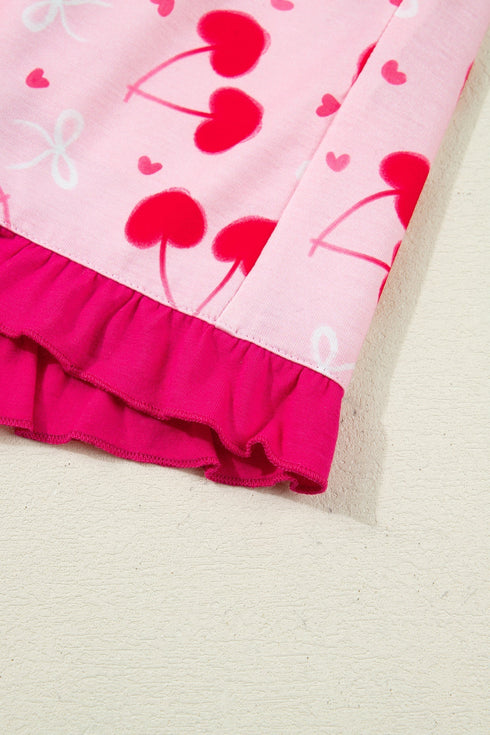 Scalloped Trim Cherry Bow Print Short Pajama Set