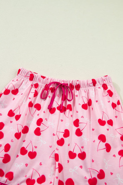 Scalloped Trim Cherry Bow Print Short Pajama Set
