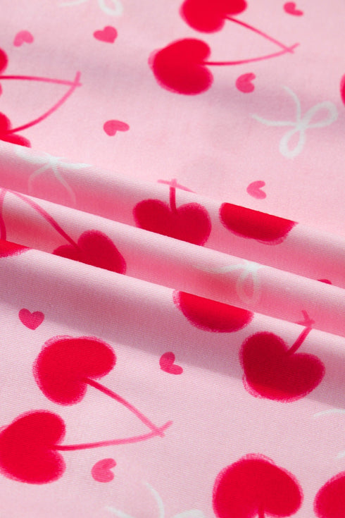 Scalloped Trim Cherry Bow Print Short Pajama Set