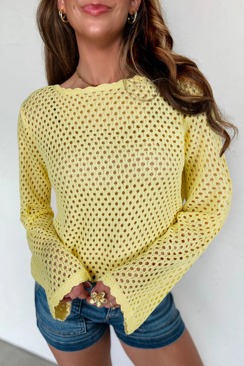 Scalloped Trim Hollow Out Crochet Knit Long Sleeve Sweater