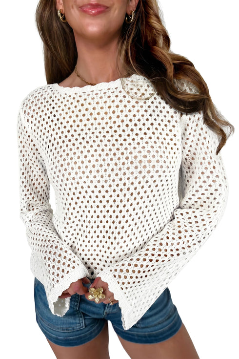 Scalloped Trim Hollow Out Crochet Knit Long Sleeve Sweater