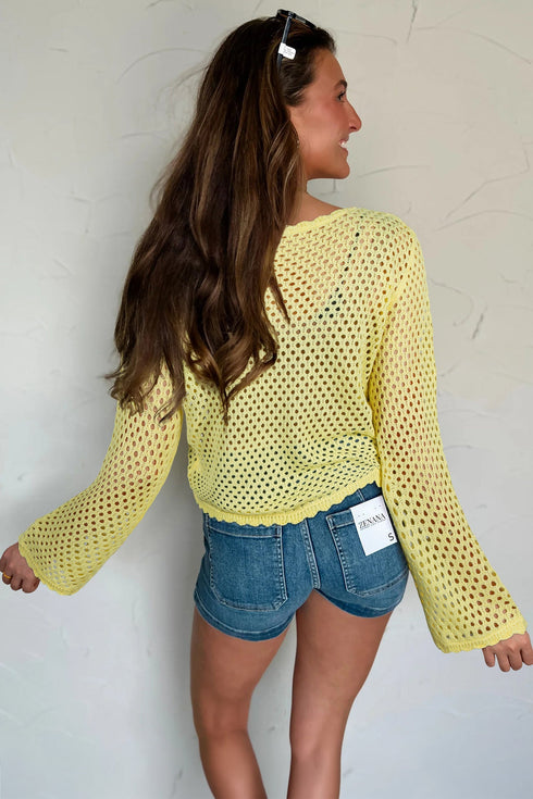 Scalloped Trim Hollow Out Crochet Knit Long Sleeve Sweater