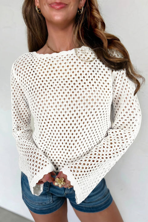 Scalloped Trim Hollow Out Crochet Knit Long Sleeve Sweater