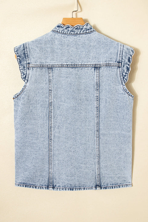 Scalloped Trim Patch Pocket Button Front Denim Vest