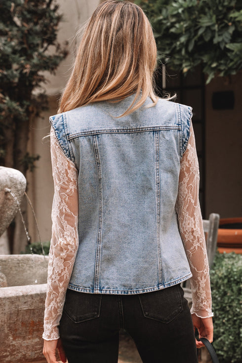Scalloped Trim Patch Pocket Button Front Denim Vest