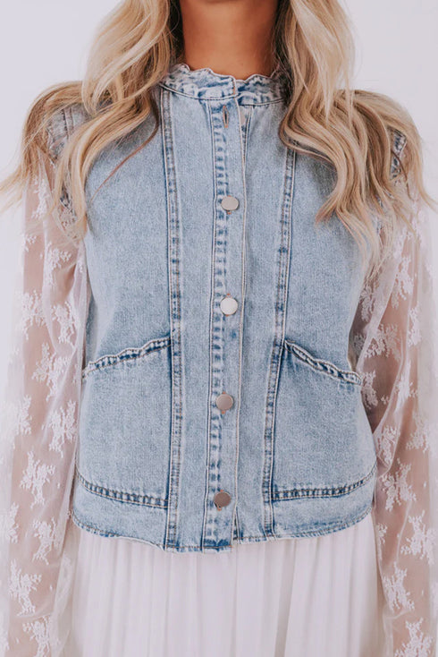 Scalloped Trim Patch Pocket Button Front Denim Vest