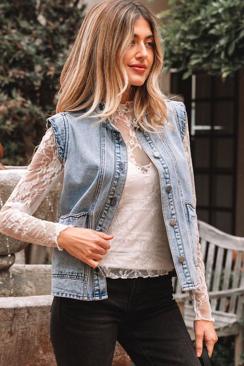 Scalloped Trim Patch Pocket Button Front Denim Vest