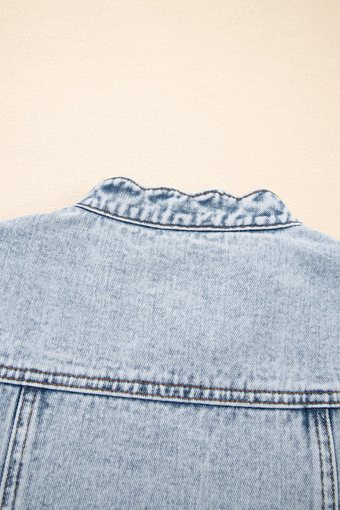 Scalloped Trim Patch Pocket Button Front Denim Vest