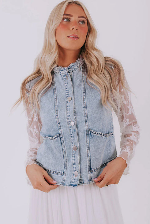 Scalloped Trim Patch Pocket Button Front Denim Vest