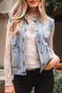 Scalloped Trim Patch Pocket Button Front Denim Vest
