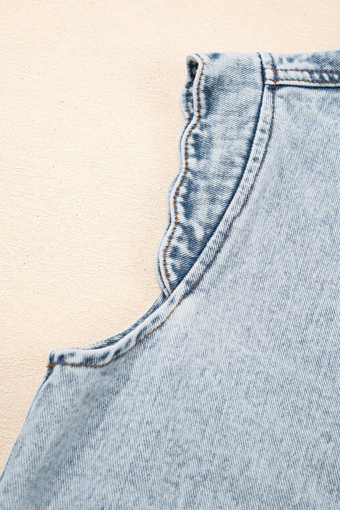 Scalloped Trim Patch Pocket Button Front Denim Vest