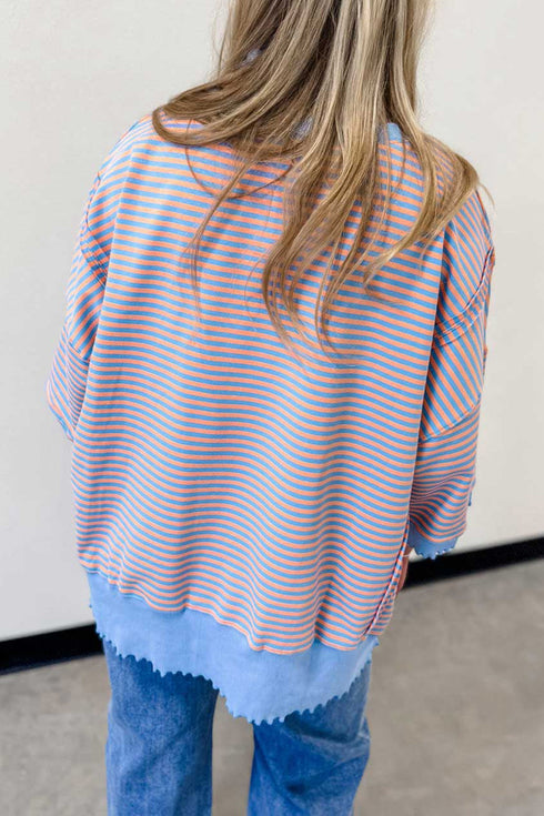 Scalloped Trim Stripe Print Loose Silhouette Top