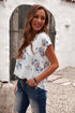 Scalloped Trim V Neck Short Sleeve Floral Pattern Top