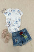 Scalloped Trim V Neck Short Sleeve Floral Pattern Top