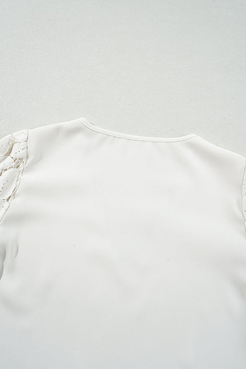 Scalloped V Neck Textured Lace Lantern Sleeve Blouse