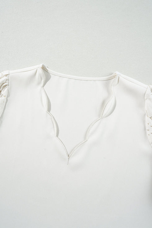 Scalloped V Neck Textured Lace Lantern Sleeve Blouse