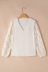 Scalloped V Neck Textured Lace Lantern Sleeve Blouse