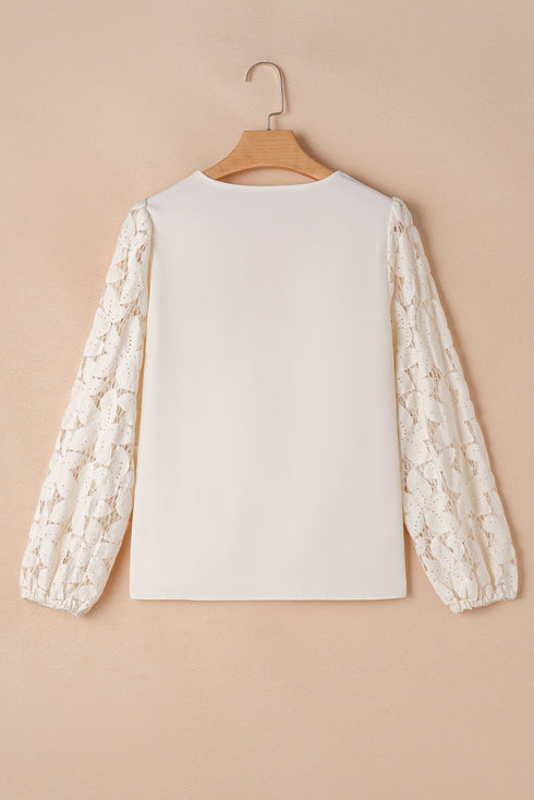Scalloped V Neck Textured Lace Lantern Sleeve Blouse
