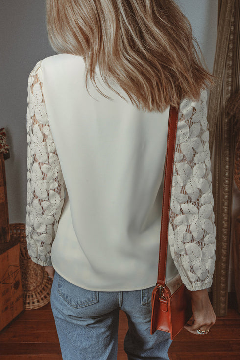Scalloped V Neck Textured Lace Lantern Sleeve Blouse