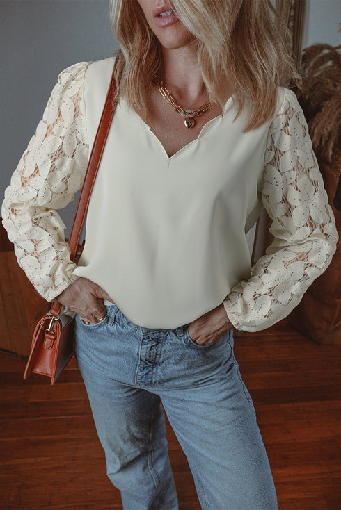 Scalloped V Neck Textured Lace Lantern Sleeve Blouse