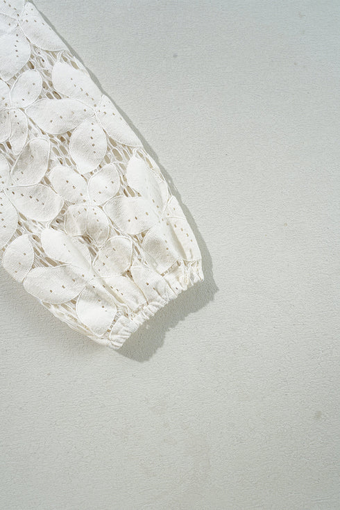 Scalloped V Neck Textured Lace Lantern Sleeve Blouse