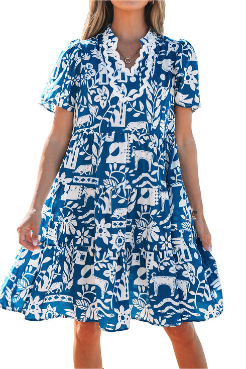 Scalloped V Neck Tiered Illustrative Print Dress
