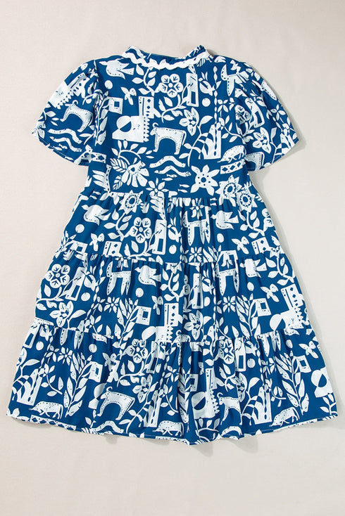 Scalloped V Neck Tiered Illustrative Print Dress