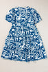 Scalloped V Neck Tiered Illustrative Print Dress
