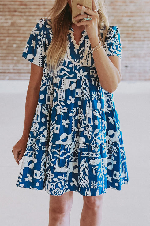 Scalloped V Neck Tiered Illustrative Print Dress