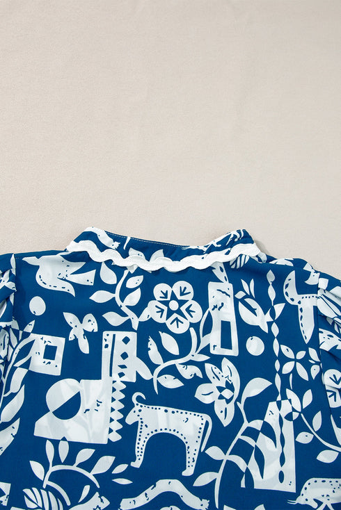 Scalloped V Neck Tiered Illustrative Print Dress