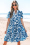 Scalloped V Neck Tiered Illustrative Print Dress