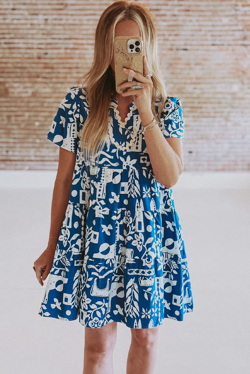 Scalloped V Neck Tiered Illustrative Print Dress