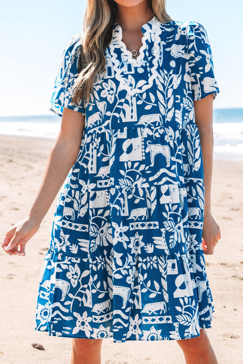 Scalloped V Neck Tiered Illustrative Print Dress