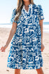 Scalloped V Neck Tiered Illustrative Print Dress
