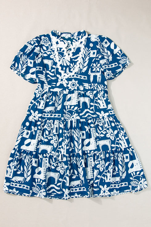 Scalloped V Neck Tiered Illustrative Print Dress