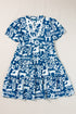 Scalloped V Neck Tiered Illustrative Print Dress