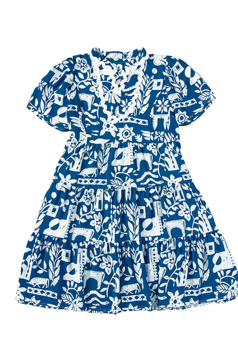 Scalloped V Neck Tiered Illustrative Print Dress