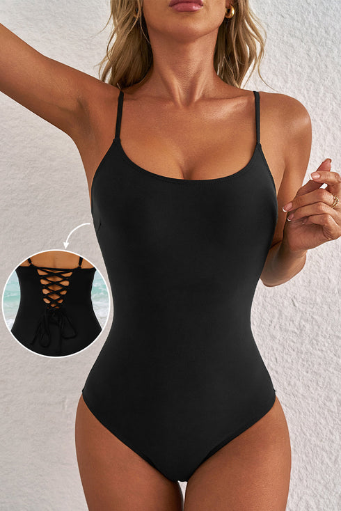 Scoop Neck Lace Up Back One Piece Swimsuit