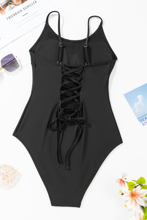Scoop Neck Lace Up Back One Piece Swimsuit