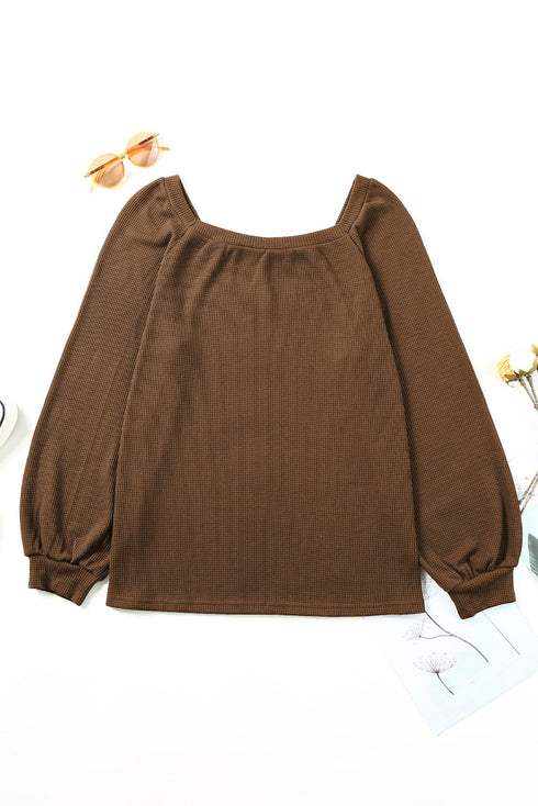Scoop Neck Puff Sleeve Waffle Knit Top
