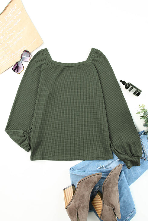 Scoop Neck Puff Sleeve Waffle Knit Top