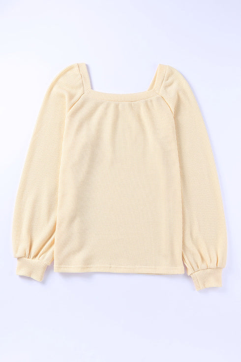 Scoop Neck Puff Sleeve Waffle Knit Top