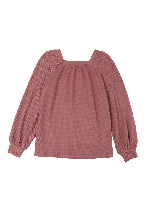 Scoop Neck Puff Sleeve Waffle Knit Top