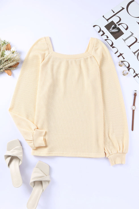 Scoop Neck Puff Sleeve Waffle Knit Top