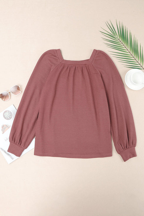 Scoop Neck Puff Sleeve Waffle Knit Top